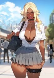 1girls ai_generated bare_thighs big_breasts bleach blonde_hair bra clothed clothing color dark-skinned_female dark_skin female female_focus female_only floox gyaru hi_res inner_sideboob large_breasts lipstick looking_at_viewer school_uniform shihouin_yoruichi solo solo_female tagme thiccwithaq_(ai_style) thick_thighs yellow_eyes