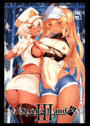 2girls :d ahoge ass asymmetrical_docking baton between_breasts black_footwear black_panties black_rock_shooter blonde_hair boots breast_press breasts breasts_out chariot_(black_rock_shooter) contrapposto cover cover_page cowboy_shot crop_top cute_fang dark-skinned_female dark_skin denim denim_shorts female gloves hair_between_eyes highleg highleg_panties large_breasts long_hair looking_back m-da_s-tarou midriff miniskirt multiple_girls navel necktie necktie_between_breasts nipples oerba_yun_fang open_mouth open_pants panties peace_sign red_eyes shirt short_shorts shorts skindentation skirt smile strength_(black_rock_shooter) sweat tan tan_body tanline tattoo thigh_boots thighhighs torn_clothes torn_shirt twintails underwear v v_sign very_long_hair visor_cap white_gloves white_hair wristband