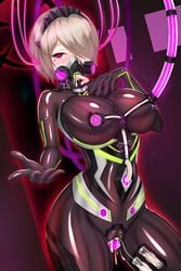 1girls artificial_insemination barcode bodysuit breasts corruption damao_yu dark_persona dildo female gas_mask honkai_(series) honkai_impact_3rd lactation latex pleasure_suit pussy rita_rossweisse tubes