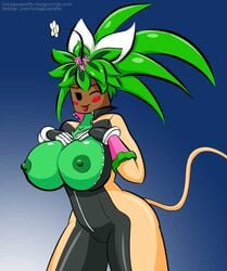 blaster_master blaster_master_zero blaster_master_zero_2 blue_background blush bodysuit breasts color female female_only flower green_skin hands_on_own_chest kanna_(blaster_master) mob_face nipples plant_girl plantie pussy_peek solo tongue_out unzipped_bodysuit white_background wink