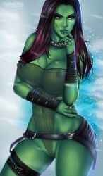 2d alien alien_girl alien_look_like_human biting_finger blue_background breasts chains cleavage female female_only flowerxl gamora green-skinned_female green_skin guardians_of_the_galaxy hands_on_hips huge_breasts marvel marvel_cinematic_universe nipples pinup red_and_black_hair seductive_look see-through_clothing tagme thighhighs