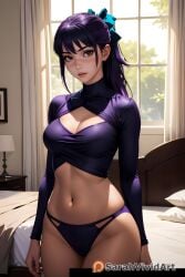 1girls ai_generated artist_upload cleavage_cutout clothed detailed female front_view high_quality jujutsu_kaisen long_hair looking_at_viewer medium_breasts navel purple_clothing purple_hair purple_shirt sarahvividart scar scar_on_face seductive self_upload solo standing thong utahime_iori