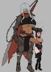 1futa 1girls armor balls big_balls big_breasts big_penis black_thighhighs blue_eyes blush breasts brown_hair clothed clothing cum_drip cum_leaking dark-skinned_futanari dark_skin duo elf elf_ears elf_female embarrassed erection female flustered fully_clothed futanari grey_background gyarusatan hair_between_eyes hand_on_another's_head height_difference hi_res huge_cock human humanoid larger_futanari light-skinned_female light_skin looking_away mara_(worstwarlock) mini_giantess mostly_clothed muscular muscular_futanari nina_(gyarusatan) penis sharp_teeth smaller_female standing thighhighs underboob white_hair