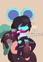 1boy 1cuntboy 2024 andromorph anthro big_penis black_fur black_hair blue_skin blush bodysuit caprine covering_face cuntboy defunctumbra deltarune dialogue embarrassed english_text femboy feminine girly glasses hair_between_eyes imminent_penetration imminent_vaginal intersex kris_(deltarune) kris_female_(deltarune) male mouse_ears mouse_girl mouse_tail nude nude_male open_mouth penis penis_on_pussy pussy ralsei round_glasses shortstack sissy smile standing_on_lap tail tail_around_penis torn_bodysuit trap twink veiny_penis