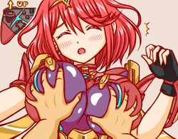 1boy 1girls armor bangs blush breast_grab breast_press breasts closed_eyes commentary_request controller daitachan deep_skin earrings female fingerless_gloves game_controller gem gloves grabbing hair_ornament headpiece huge_breasts jewelry large_breasts lowres nintendo nintendo_switch pyra red_hair short_hair shoulder_armor simple_background swept_bangs tiara xenoblade_(series) xenoblade_chronicles_2