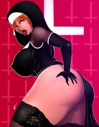 1girls ass ass_grab blue_eyes clothing curves erect_nipples erect_nipples_under_clothes female female_only huge_ass legs nipples nun orange_hair original_character solo strangehero tease thick tongue tongue_out