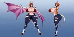 1girls abs animal_ears bat_ears bat_wings ber00 big_breasts bra breasts clothing female female_only hair huge_breasts large_breasts membranous_wings monster monster_girl original_character pants red_hair solo tail thick_thighs thighs valentina vampire white_hair wings