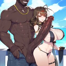 1boy 1girls ai_generated big_breasts big_penis blush breasts chains clothed_female dark-skinned_male dsr-50_(girls'_frontline) female girls'_frontline grin huge_cock imminent_oral imminent_sex interracial looking_at_viewer male muscular muscular_male outdoors outside pants penis penis_out prof red_eyes sex standing straight tight_clothing