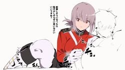 1boy :o between_breasts black_skirt boots breasts commentary_request faceless faceless_male fate/grand_order fate_(series) female florence_nightingale_(fate) gloves hand_on_another's_shoulder handjob heavy_breathing highres jikatarou long_sleeves looking_at_penis military military_uniform pantyhose partially_colored penis pink_hair pleated_skirt skirt solo_focus steaming_body straight strap_between_breasts uniform white_gloves