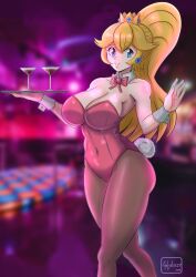 1girls angel_pena_(angelox) angelox27 artist_name big_breasts blonde_hair blue_eyes breasts busty child_bearing_hips cleavage club covered_navel female female_only highres large_breasts legs leotard lips long_hair mario_(series) navel nintendo pantyhose playboy_bunny ponytail princess princess_peach rabbit_ears rabbit_tail sensual smile solo thick_thighs thighs weapon