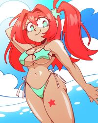 beach bikini breasts green_eyes looking_at_viewer lyra_(kaatokunart) oc orange_hair quintzy_xd smile star swimsuit