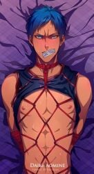 abs angry angry_expression aomine_daiki blue_eyes blue_hair blush bondage chest dominated forced kinbaku kuroko's_basketball kuroko_no_basuke male male_only seductive submissive_male sweat tan_skin taped_mouth