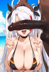 1boy 1boy1girl 1girls ai_generated azur_lane beach big_penis bikini breasts cheating close-up clothed_female clothed_female_nude_male clouds cuckold dark-skinned_male female front_view german_clothes german_flag head_grab huge_cock imminent_oral imminent_sex interracial kneeling large_breasts male netorare ntr nude_male outdoors peace_sign penis penis_on_face penis_out penis_over_eyes prinz_eugen_(azur_lane) sex standing straight tongue tongue_out truck_kun white_hair