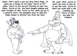 anthro armband badger biped black_and_white bruce_(brucebadger) brucebadger cape claws clothing crazy_eyes crown dialogue donkey_kong_(series) duo english_text fat_joke genitals gesture hand_gesture headgear height_teasing holding_stomach humanoid_genitalia humanoid_penis k_rool male male/male mammal monochrome musclegut muscular muscular_male mustelid musteline navel nintendo nude overweight overweight_male penis pointing simple_background smile teeth_showing text white_background