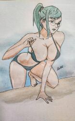 belly bikini bikini_bottom bikini_top bra_lift commission commissions_open drawing feet feet_up glasses green_eyes green_hair jujutsu_kaisen jujutsu_kaisen_0 patreon patreon_username ponytail pool poolside swimsuit swimwear zenin_maki