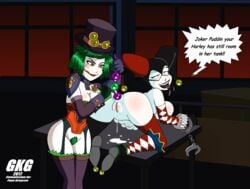 2017 all_fours ame-comi anal_beads anal_insertion batman_(series) belly_bulge black_lipstick clown color commission corset dc dc_comics duela_dent facepaint facial_scar femdom femsub garter_belt gkg handcuffs harley_quinn harley_quinn_(classic) highres mask pubic_hair standing stockings thigh_highs tongue_out top_hat uncensored white_skin yuri