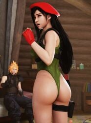 3d 3d_(artwork) ass beret between_buttocks cammy_white_(cosplay) cloud_strife dark_hair darkbahamuth embarrassed final_fantasy final_fantasy_vii fingerless_gloves furrowed_eyebrows green_leotard leotard pinup red_gloves thong_leotard tifa_lockhart