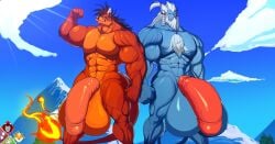 2020 55mango abs anthro anthro_only balls barazoku biceps big_balls big_muscles big_penis biped blue_body body_hair chest_hair cloud digital_media_(artwork) duo felid final_fantasy final_fantasy_vii final_fantasy_x flaccid flexing flexing_bicep foreskin frown genitals glans horn huge_balls huge_cock humanoid_genitalia humanoid_penis hyper hyper_balls hyper_genitalia hyper_penis kimahri male male_only mammal mountain muscular muscular_anthro muscular_male nude orange_body pecs penis quads red_xiii ronso sky smile smirk square_enix tail