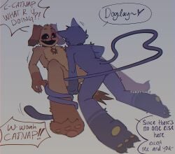 2boys anthro anthro_only ass blush canine cat_ears cat_tail catboy catnap_(poppy_playtime) comic dialogue dialogue_box dog_boy dog_ears dog_tail dogday_(poppy_playtime) feline fur furry furry_only gay looking_at_partner male male/male male_only no_humans poppy_playtime purple_body purple_fur smiling_critters tagme tail text thick_hips thick_thighs thighs yumetired