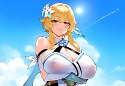 ai_generated blush crossed_arms from_below genshin_impact henrik_n huge_breasts looking_at_viewer looking_down_at_viewer lumine_(genshin_impact) nipples_visible_through_clothing smirking smug smug_face thiccwithaq_(ai_style)