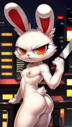 1girls ai_generated angry anthro ass bloody_bunny bloody_bunny_(character) blush butt chibi cityscape clenched_fist female frown grimmm8 holding_object knife looking_at_viewer looking_back multicolored_eyes nipples nude rooftop scaroused small_breasts tagme weapon white_body