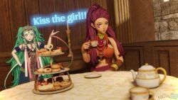 2girls 3d angry bangs bare_arms bare_midriff braid breasts brown_eyes cattle cup dark-skinned_female dark_skin dochaunt24 female female_only fire_emblem fire_emblem:_three_houses food green_eyes green_hair imminent_sex indoors inviting inviting_to_sex long_hair looking_at_viewer medium_breasts midriff multiple_girls nintendo open_mouth petra_macneary pointy_ears ponytail purple_hair seductive small_breasts smile sothis_(fire_emblem) sweet table tea tea_cup tea_time teatime twin_braids twintails valentine valentine's_day very_long_hair