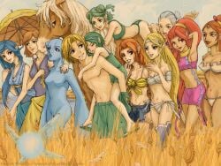 1boy 6+girls anju ass bikini blonde_hair blue_eyes blue_hair breasts carrying cleavage copyright_name din english_text epona everyone fairy farore female fish_girl gerudo green_eyes green_hair groin hairband harem highres horse impa kokiri link link's_awakening link_(ocarina_of_time) long_hair male malon marin melora monster_girl multiple_girls nabooru navel navi nayru nintendo ocarina_of_time oracle_of_ages oracle_of_seasons orange_hair pointy_ears princess_ruto princess_zelda purple_eyes red_eyes red_hair saria sleeping_on_person summer swimsuit the_legend_of_zelda umbrella very_long_hair wallpaper watermark wheat zora