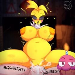 ahe_gao anthro big_breasts cum cum_inside cumflation cupcake_(fnaf) five_nights_at_freddy's five_nights_at_freddy's_2 fnaf fnia inflation orange_footwear penetration penis_in_pussy robot_girl thick_thighs toy_chica_(fnaf) tr_yithaz vaginal_penetration woman_on_top yellow_body