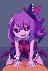 1boy 1girls akamiso0608 animated badmella blush breasts demon demon_girl dress female hands human humanoid interspecies long_hair looking_at_viewer lying male_human/female_demon male_human/female_humanoid male_pov musume no_heroes_allowed open_mouth penis pixel_art pov purple_eyes purple_hair purple_skin pussy ribbon sex small_breasts smile solo_focus spread_legs straight teeth tongue uncensored yuusha_no_kuse_ni_namaiki_da