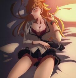 alluring blonde_eyebrows blonde_female blonde_hair blonde_hair blonde_hair_female blue_eyes blush bra eyebrows_visible_through_hair imminent_sex implied_sex kekkon_yubiwa_monogatari krystal_novaty_nokanatika laying_on_bed long_hair looking_away open_clothes panties purple_bra purple_panties purple_underwear seducing seduction seductive seductive_body seductive_look shiny_skin skirt underwear uniform voluptuous voluptuous_female