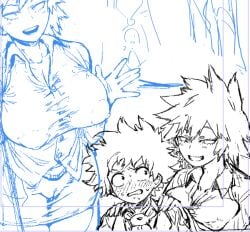 1boy 1boy1girl 1girls big_areola big_breasts blush blush_lines boku_no_hero_academia boob_window breasts breasts_visible_through_clothing button_down_shirt hands_on_shoulders imminent_sex izuku_midoriya looking_at_another messy_hair milf mitsuki_bakugou my_hero_academia nipples nipples_visible_through_clothing no_panties older_female older_woman_and_younger_boy r-one see-through_clothing sketch slime_eel solo solo_female thick_thighs unbuttoned wet_clothes younger_male