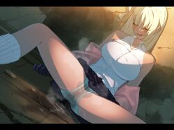 1girls bare_shoulders black_gloves black_skirt blonde_hair blush breasts closed_eyes collarbone dark-skinned_female dark_skin dungeon_with_girl feet_out_of_frame female game_cg gloves gyaru kneehighs large_breasts letterboxed long_hair loose_socks monica_(dungeon_with_girl) open_collar outdoors panties peeing peeing_self saliva shirt skirt sleeping sleeveless sleeveless_shirt socks solo spread_legs steam tadatada_stupid underwear wet wet_clothes wet_panties white_panties white_shirt white_socks