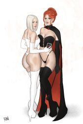 2girls ass black_queen blonde_hair blue_eyes breasts cape cleavage corset emma_frost female female_only hellfire_club high_heels jean_grey large_breasts looking_at_viewer marvel marvel_comics panties red_hair rentonwelsh riding_crop thighhighs thong_panties white_queen wine_glass x-men