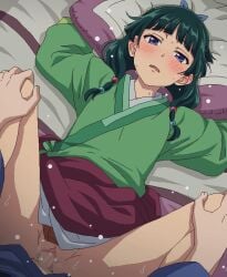 beads bed blue_bow blue_robe blunt_bangs blush bow censored chinese_clothes commentary_request female freckles from_above green_hair green_hanfu green_robe hair_beads hair_ornament hairbow half-closed_eyes hands_on_another's_knees kusuriya_no_hitorigoto long_hair looking_at_viewer low-tied_long_hair lying maomao_(kusuriya_no_hitorigoto) messy_hair mosaic_censoring on_back on_bed paid_reward_available parted_lips penis pillow pov pussy robe sex spread_legs straight sweat tomu_(tomubobu) vaginal_penetration