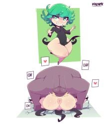 1boy 1girls angry_face anus ass big_ass bigger_male bottom_heavy breasts clenched_teeth dark-skinned_male dark_skin female forced green_eyes green_hair heart huge_ass instant_loss_2koma light-skinned_female light_skin male mating_press naked naked_male nude one-punch_man petite pixzapix pussy rape revealing_clothes shortstack small_breasts smaller_female tatsumaki thick_thighs vaginal_penetration white_background wide_hips