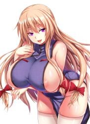 1girls areola_slip bare_shoulders blonde_hair blush bow breasts covered_erect_nipples ebi_193 female hair_bow huge_breasts leaning_forward long_hair looking_at_viewer mature_female milf naked_tabard nipple_slip nipples open_mouth purple_eyes sideboob simple_background smile solo stockings tabard tagme thighhighs touhou white_background white_thighhighs yakumo_yukari yukari_yakumo