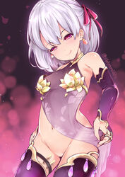 1girls absurdres armpits bangs bare_shoulders blush breasts bright_pupils chiyami closed_mouth condom cowboy_shot dress dress_lift earrings eyebrows_visible_through_hair fate/grand_order fate_(series) female from_below goddess gradient gradient_background hair_ornament half-closed_eyes hand_on_own_thigh highres jewelry kama_(fate/grand_order) lifted_by_self looking_at_viewer looking_down naughty_face navel no_panties no_pussy petite pink_ribbon presenting purple_background purple_dress purple_legwear red_eyes ribbon ring short_hair silver_hair small_breasts smile solo thighhighs twitter_username used_condom