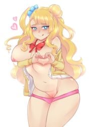 :p absurdres areolae bangs blonde_hair blue_eyes blush breasts closed_mouth cowboy_shot curvy eyebrows_visible_through_hair female galko gyaru heart heart-shaped_boob_challenge heart_hands highres large_breasts long_hair looking_at_viewer navel nipples no_bra nude_jacket oshiete!_galko-chan panties panty_pull pink_panties pussy side_bun side_ponytail simple_background smile solo thescarletdevil thighs tongue tongue_out underwear white_background