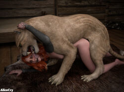 1animal 1girls 3d alicecry all_fours areolae ass barefoot bestiality blue_eyes breasts cd_projekt_red cougar doggy_style licking_face looking_at_viewer nipples on_floor red_hair the_witcher_(series) the_witcher_3:_wild_hunt tongue_out witch_of_lynx_crag zoophilia