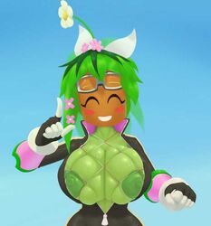 artist_request big_breasts blaster_master blaster_master_zero blaster_master_zero_2 bodysuit breasts color female female_only kanna_(blaster_master) large_areolae nipples plant_girl plantie solo source_request unzipped_bodysuit watermelon_nets