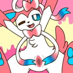 1girls 2024 blue_eyes bow cute_fang eeveelution female female_only generation_6_pokemon komatosse pezi pink_fur pokémon_(species) pokemon pokemon_(species) pokemon_xy presenting_pussy pussy ribbon self_upload sylveon white_fur