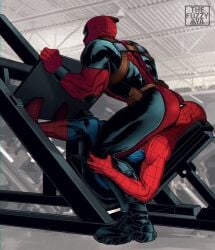 2boys ass big_ass big_butt bodysuit deadpool facesitting gay gym male male/male male_only marvel masked meme muscular_male sitting_on_face spider-man spider-man_(series) thefuzzyaya yaoi