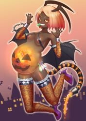 1girls belly belly_inflation big_belly breasts cauguy condom condom_belt dark-skinned_female dark_skin female halloween inflation monster_girl navel_piercing nipples outie_navel pregnancy_tally solo tail wings