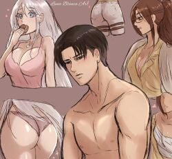 1boy 2girls attack_on_titan breasts_focus butt_focus hanji_zoe levi_ackerman luna_blanca_art original_character pervert shingeki_no_kyojin tagme thinking_of_someone_else