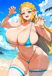 1female ai_generated beach bikini blonde_female blonde_hair blue_bikini blue_sky blushing braided_hair breath_of_the_wild choker clawed_fingers cleavage cloudy_sky cur curvaceous curvy curvy_body curvy_female curvy_figure elf_ears eyelashes female green_eyes hair_ornament hairclip half-closed_eyes hips hourglass_figure huge_breasts large_breasts long_hair looking_at_viewer lucyla micro_bikini navel nintendo ocean open_mouth outdoors pointy_ears princess_zelda seaside skimpy_bikini skimpy_clothes sky smile smiling solo sparkles standing sweat swimsuit swimwear tagme the_legend_of_zelda thick_thighs thighhighs voluptuous voluptuous_female wristwear zelda_(breath_of_the_wild)