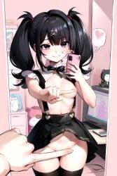 1girls ai_generated ame-chan bedroom belly_button black_bow black_hair blush bow covered_nipples covered_pussy functionally_nude hair_ornament heart heart_speech_bubble holding_phone light-skinned_female medium_breasts mirror_selfie needy_girl_overdose needy_streamer_overload one_finger_selfie_challenge phone pinafore_dress plushie purple_eyes skirt_lift smiling solo speech_bubble taking_picture thighhighs thighs twintails