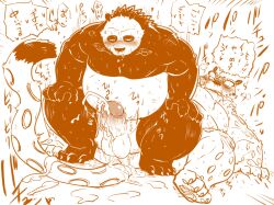 2024 absurd_res anthro balls bear belly blush bodily_fluids cum dreamworks duo ejaculation erection felid genital_fluids genitals giant_panda hi_res japanese_text kemono kung_fu_panda kung_fu_panda_(movie) lying male male/male male_only mammal master_po_ping moku_nameko moobs overweight overweight_male pantherine paramount_pictures penis po sex snow_leopard sweat tai_lung_(kung_fu_panda) text