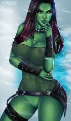 2d alien alien_girl alien_look_like_human biting_finger blue_background breasts chains cleavage female female_only flowerxl gamora green-skinned_female green_skin guardians_of_the_galaxy hands_on_hips huge_breasts marvel marvel_cinematic_universe naked_female nipples nude_female pinup pussy red_and_black_hair seductive_look see-through_clothing tagme thighhighs