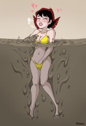 1girls artist_name avengers big_breasts bikini blush cajarito cleavage clenched_teeth feet female female_only fingering fingering_self gritted_teeth hand_in_panties heart hi_res janet_van_dyne legs looking_pleasured marvel marvel_comics masturbating masturbation mud navel quicksand self_fondle sinking solo the_avengers:_earth's_mightiest_heroes thighs yellow_bikini