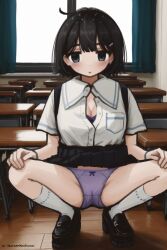 ahoge ai_generated artist_name bangs black_footwear black_hair black_skirt blue_eyes blush bow bow_panties bra breast_pocket breasts cameltoe classroom cleavage clothes_lift desk female full_body hair_ornament hairclip indoors large_breasts loafers looking_at_viewer open_clothes open_shirt original panties parted_lips patreon_username pleated_skirt pocket purple_bra purple_panties school_uniform shirt shoes short_hair short_sleeves skirt skirt_lift socks solo spread_legs squatting sweat twitter_username underwear watashinogovno white_shirt white_socks window